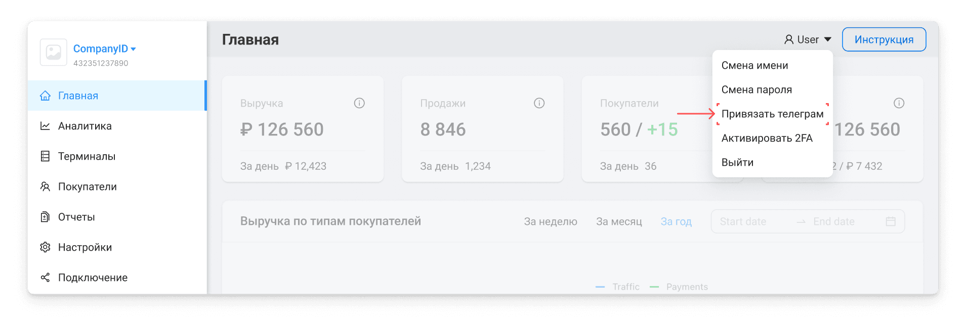 Выбор раздела привязки телеграм-бота